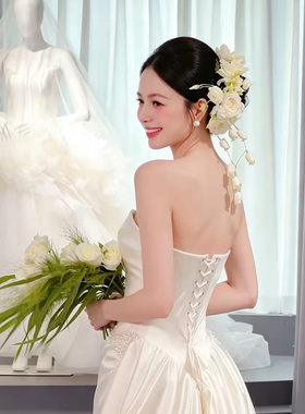 仿真减龄白色花朵发夹小众森系结订婚生日拍照高级感头饰品侧边夹
