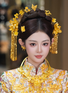 新娘发饰全金色龙凤褂花朵流苏古风婚礼精致高级感盘发时尚配饰品