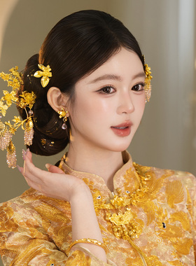 中式新娘发饰富贵高级金色龙凤褂精致减龄传统淡粉色流苏手工配饰