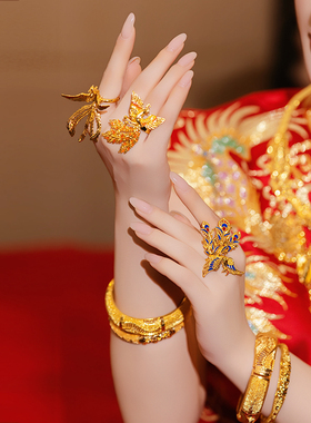 中式新娘古法金色奢华小众高级感凤凰戒指宫廷婚礼汉服造型配饰品