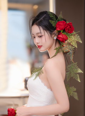 森系复古红色仿真花朵超仙新娘头饰简约高级气质旅拍礼服婚礼配饰