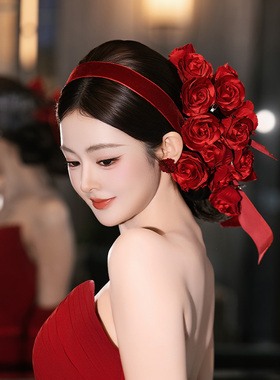 新娘发饰红色喜庆高级感仿真玫瑰花蝴蝶结后区侧边饱满敬酒服发饰