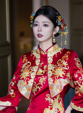 中式新娘发饰新款气质侧边盘发金红蓝花朵桂花支减龄百搭精致套装