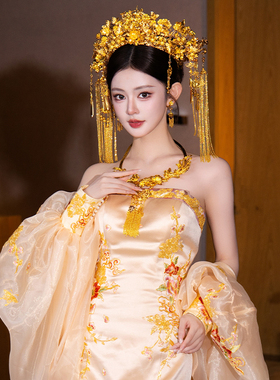 2026新款中式新娘大气金色华丽古风结婚重工大凤冠龙凤褂汉服发饰