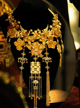 华丽金色项链项圈花朵重工高级复古双喜新娘颈圈秀禾服龙凤褂项链