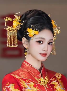 中式新娘发饰原创古风中式龙凤褂渐变仿真花朵流苏结婚秀禾发饰品