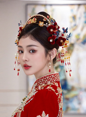 新娘头饰红色绒花发箍流苏发簪古典汉服盘发古风秀禾服结婚发饰品