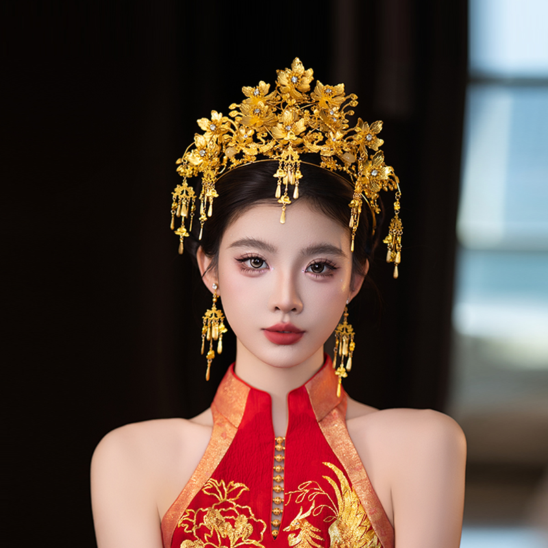 新娘中式金色爆款高级感凤冠带流苏宫廷华丽大气秀禾国风结婚头饰 - 图1