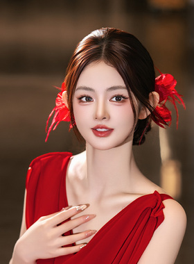 复古新娘发饰手工绢纱羽毛气质红色后区订婚敬酒服森系发饰配饰品