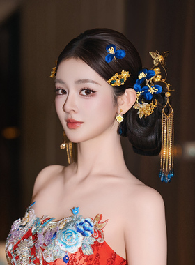 中式新娘发饰古风蓝色布艺手工花朵喜字长条吊坠流苏简单造型发饰