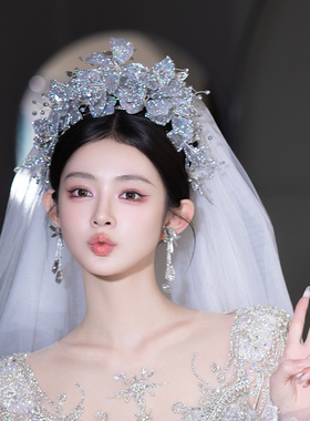 新娘头饰新款灰色细闪发箍高级感时尚主纱韩式造型皇冠结婚发饰品