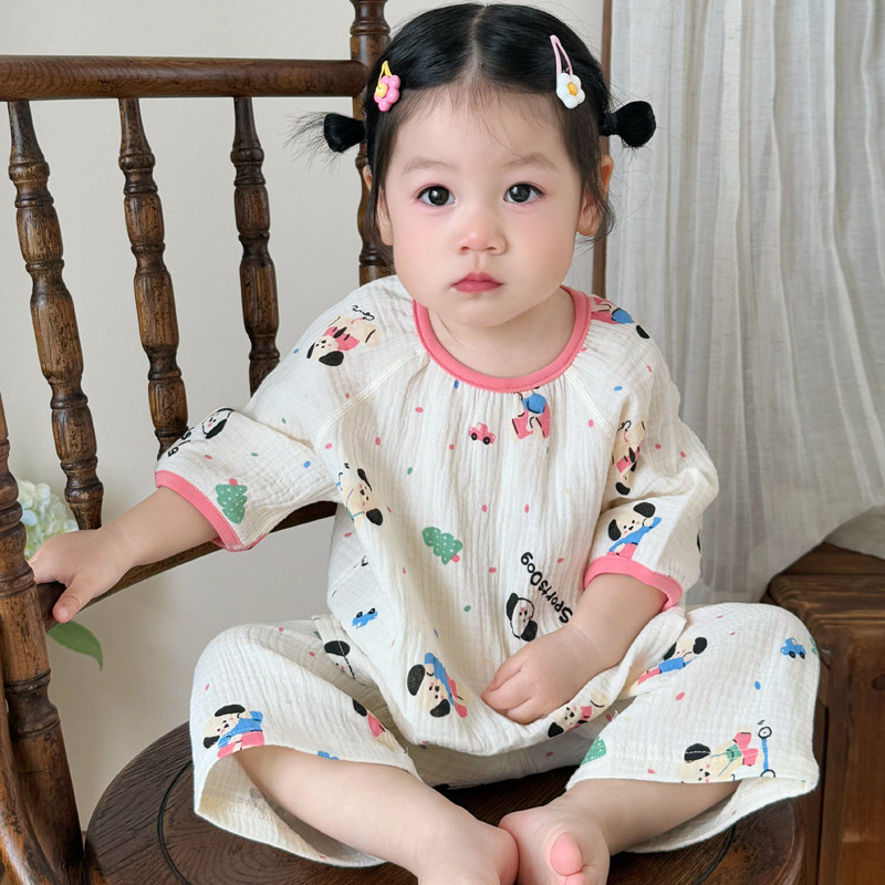 夏季宝宝家居服薄款纯棉半袖棉麻空调服儿童睡衣男女童七分袖套装,淘宝优惠券,粉丝福利购,淘宝优惠卷