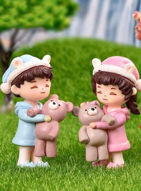 新款抱熊情侣造景装饰微景观摆件