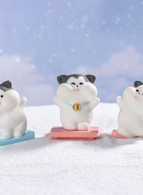 微景观创意运动滑雪小猫公仔摆件
