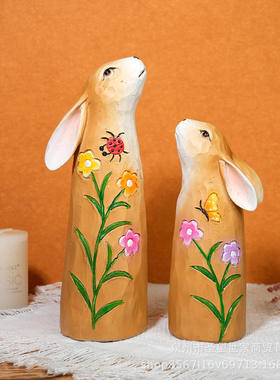 跨境创意复活节木刻对兔套装家居北欧户外花园装饰树脂品摆件