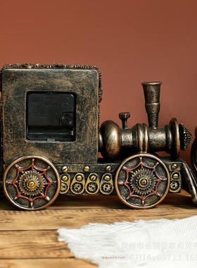 创意火车头做旧时钟仿古树脂模型摆件家居酒吧咖啡厅礼品装饰道具