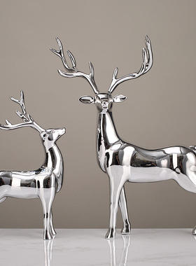 简约轻奢酒柜电镀麋鹿摆件客厅电视柜金色银色渐变对鹿装饰品摆饰
