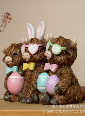 树脂跨境EasterHighlandCow复活节三姐妹高地牛花园新款庭院装饰