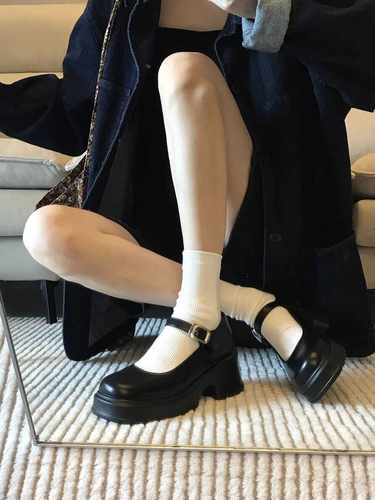 黑色法式粗跟厚底小皮鞋女2025春秋季新款日系jk增高玛丽珍单鞋子 - 图0