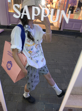 *捡漏一线*专柜*撤回剪标涂鸦印花短袖T恤女夏纯棉中长款慵懒上衣