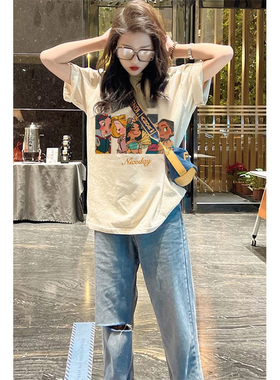 外贸尾单女装意大利剪标余单卡通公主印花短袖T恤女夏季纯棉上衣