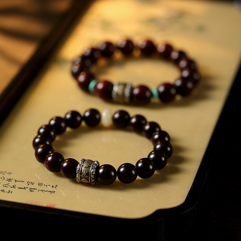 进口小叶紫檀手串藏银金刚杵轴承可转动转运珠单圈手链文玩木珠手 - 图0