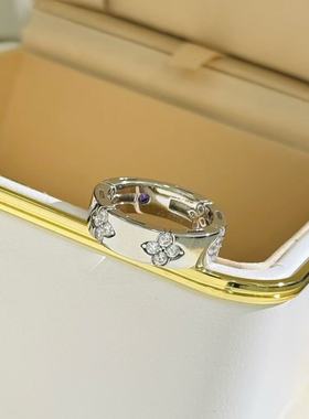 纯银S925幸运四叶草光面十字花四钻戒指轻奢女人味高级重工指