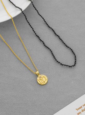 CCP家W字母印章系列项链 简约时尚小众叠戴印章黑尖晶串珠锁骨链