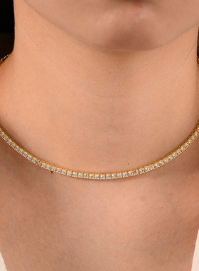 s925纯银镀金满钻网球项链高品质欧美时尚嘻哈2.5mm锆石单排项链