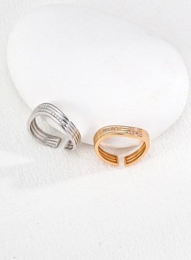 现代极简风几何线条戒指 S925银镀金+锆石 ins风时尚轻奢简约解释