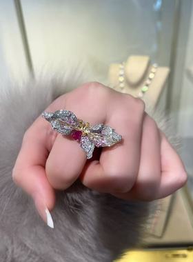 蝶梦流光重工艺术蝴蝶活口戒指培育粉蓝宝轻奢气质年会首饰