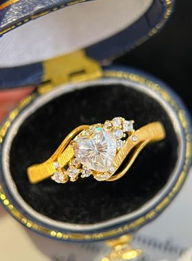 S925银中古拉丝爱心戒指小众设计满天星点钻轻奢复古精致小戒指