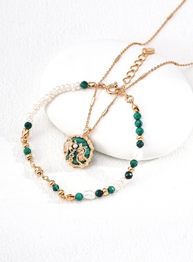 Vintage中古风轻奢孔雀石小圆牌项链 S925银镀金+天然孔雀石