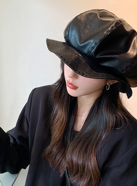 秋冬女PU皮褶皱云朵八角帽显脸小