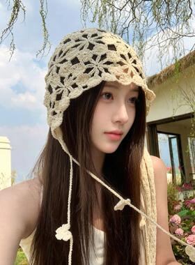 手工钩织镂空花朵流苏包头帽女