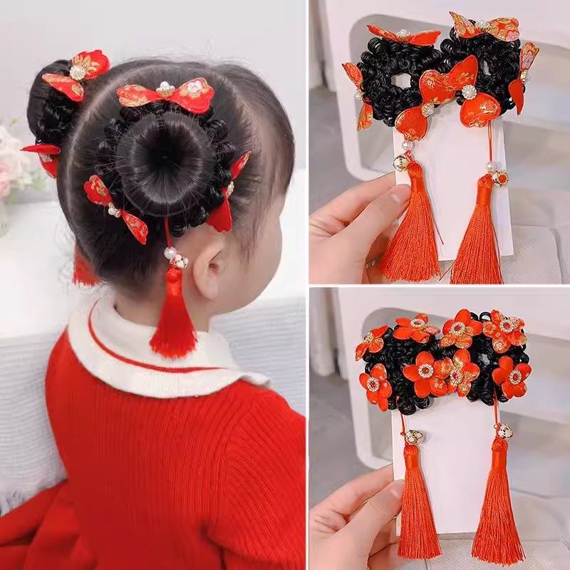 新年红色花朵蝴蝶结假发丸子头发圈儿童宝宝可爱古风汉服女孩发饰,淘宝优惠券,粉丝福利购,淘宝优惠卷
