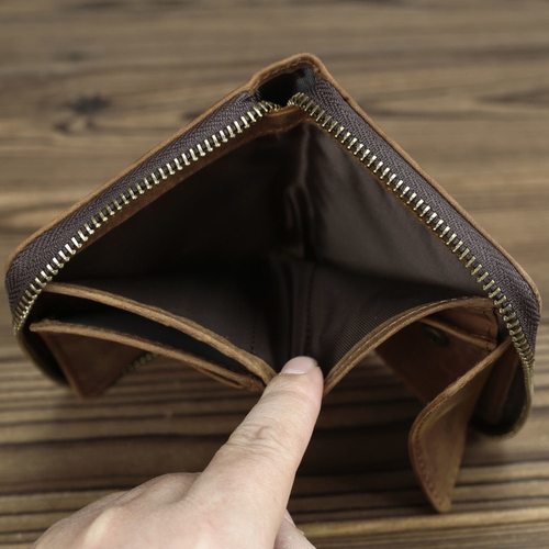 手工真皮拉链短钱包零钱包疯马牛皮男士复古头层牛皮多功能皮卡包 - 图1