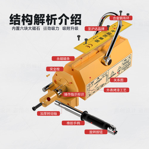 圣沪达永磁起重器强磁力吊400/600KG吸盘1/2T3/5吨磁铁圆钢板吊具 - 图0