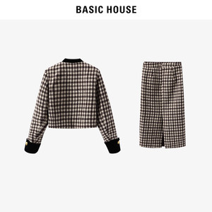 Basic House/百家好法式小香风套装秋冬毛呢外套及膝半身裙两件套