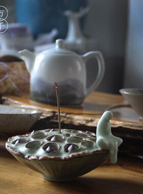 新中式陶瓷莲藕莲蓬香座禅意摆件茶室客厅线香插香薰点香器装饰