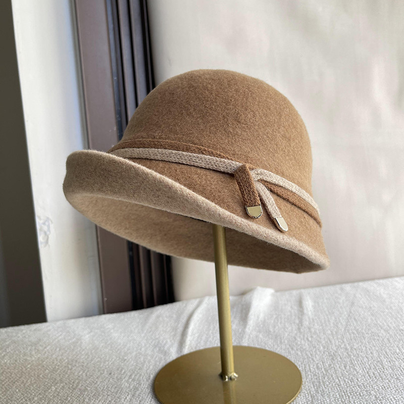 法式卷边羊毛混纺渔夫帽子女复古时尚百搭保暖盆帽秋冬可折叠礼帽 - 图0