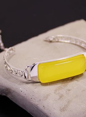 DIY纯银手镯弧面松石南红镶嵌