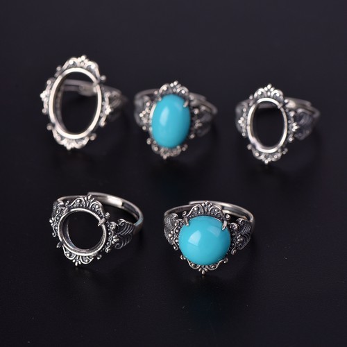 S925纯银戒指空托复古男女款10*1412*1213*18DIY蜜蜡松石玉石镶嵌 - 图0