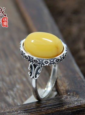 diy复古做旧蓝珀蜜蜡戒指空托