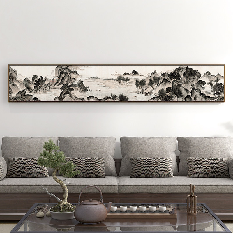 富春山居图挂画客厅山水国画新中式卧室床头装饰画横版背景墙壁画_虎窝淘