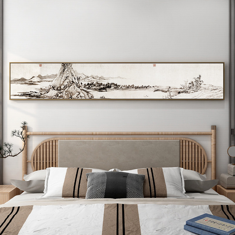 富春山居图挂画客厅山水国画新中式卧室床头装饰画横版背景墙壁画_虎窝淘
