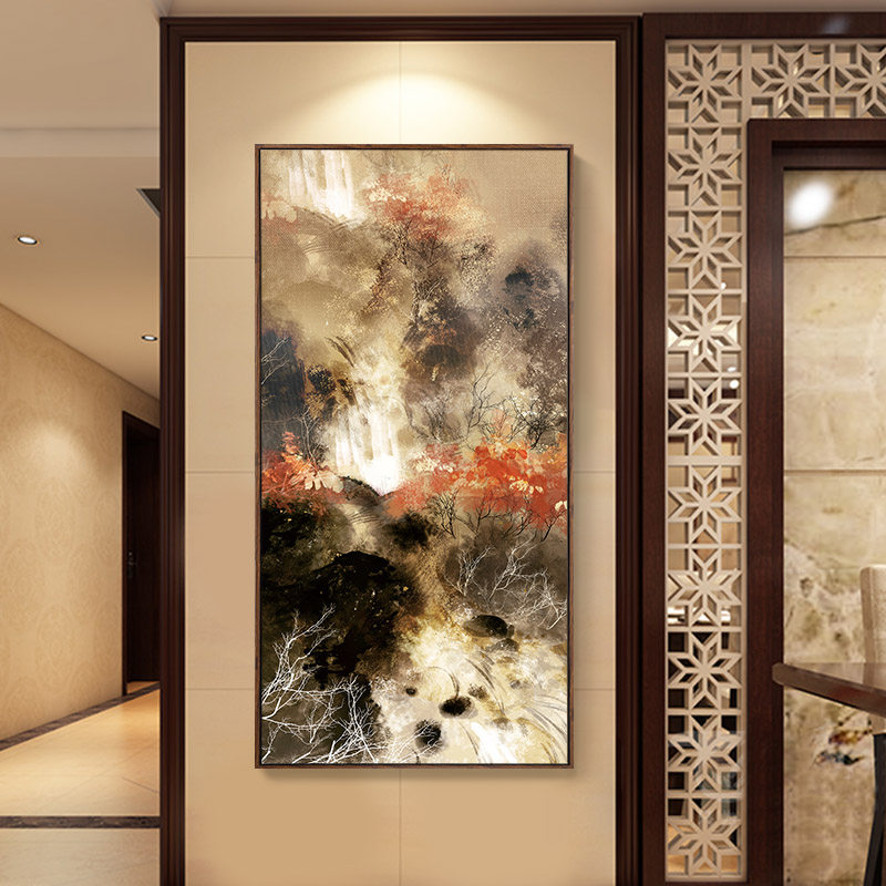 妩酥新中式入户玄关装饰画大幅竖版风景挂画工笔花鸟走廊墙面壁画_虎窝淘
