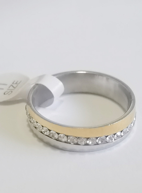 清仓处理 6mm宽 金银双色 斜单排钻 满钻 不锈钢戒指