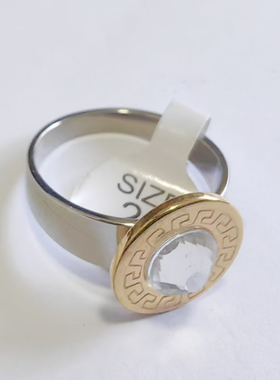 清仓处理  14mm直径金色圆盘长城纹 水钻 不锈钢 戒指