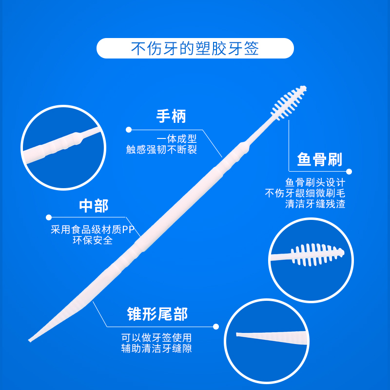 软塑料牙签刷一次性牙签鱼骨头扁头牙签  两头剔牙缝刷240支x5盒 - 图1